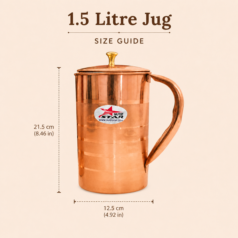 Nutristar pure copper water jug with lid and four matching drinking glasses 5 piece set