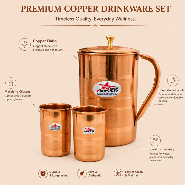 Nutristar pure copper water jug with lid and two matching drinking glasses 3 piece set