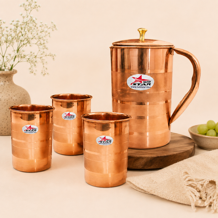 Nutristar pure copper water jug with lid and four matching drinking glasses 5 piece set