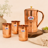 Nutristar pure copper water jug with lid and four matching drinking glasses 5 piece set