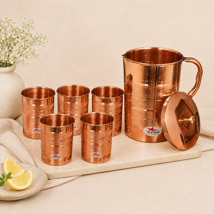 Nutristar pure copper water jug with lid and six matching drinking glasses 7 piece set