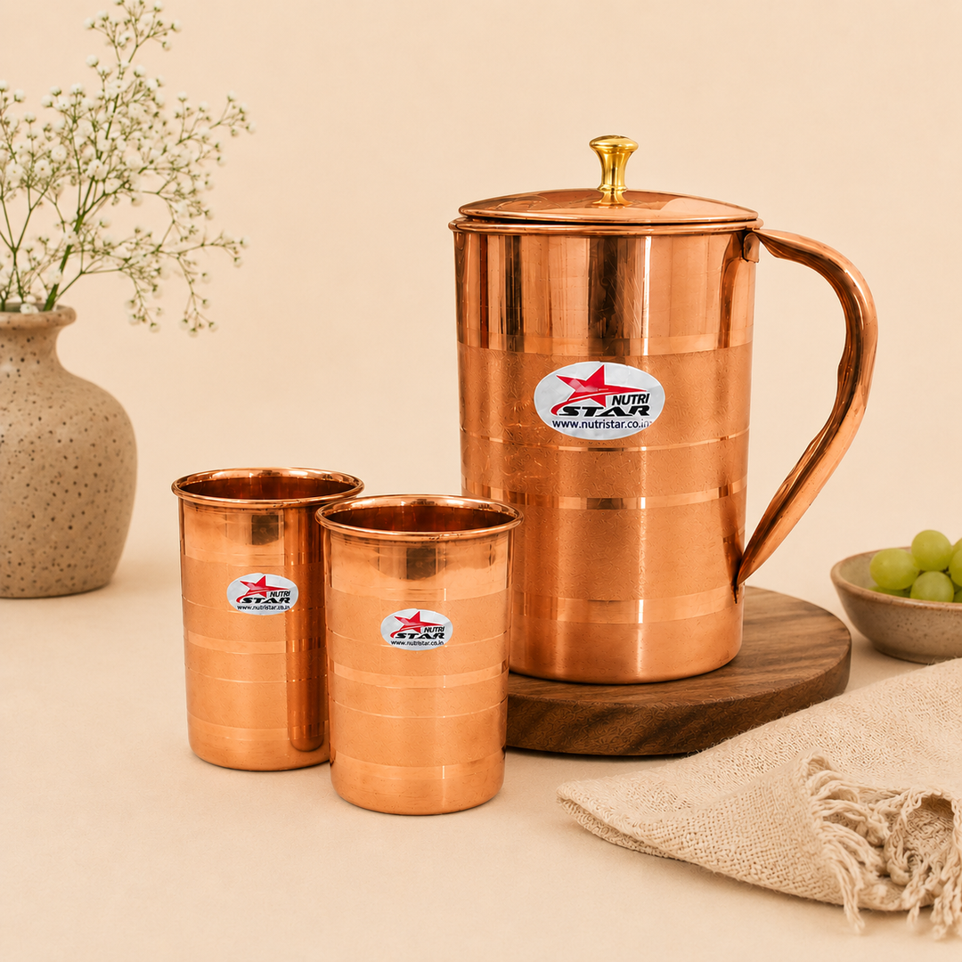 Nutristar pure copper water jug with lid and two matching drinking glasses 3 piece set
