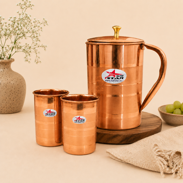 Nutristar pure copper water jug with lid and two matching drinking glasses 3 piece set