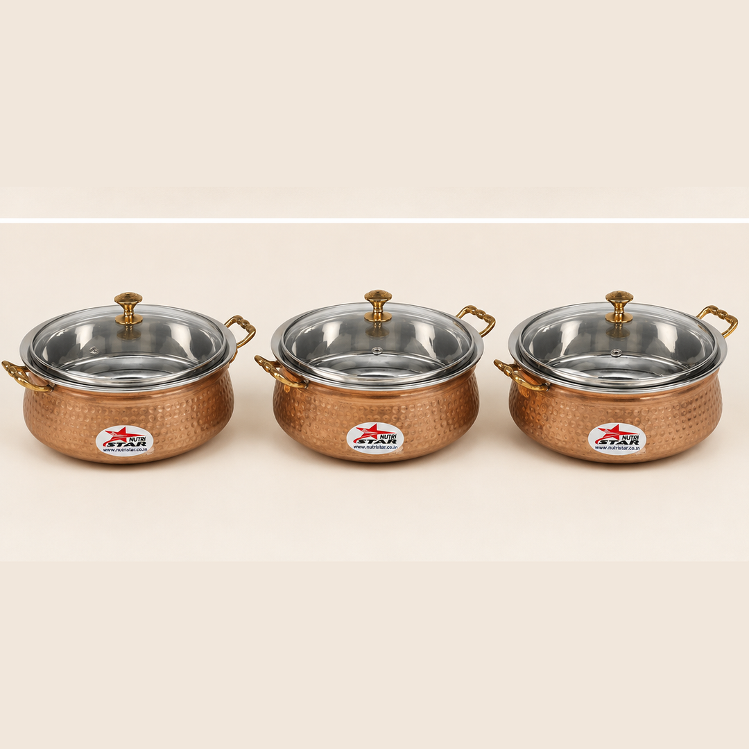Nutristar copper stainless steel serving handi with glass lid and brass handles