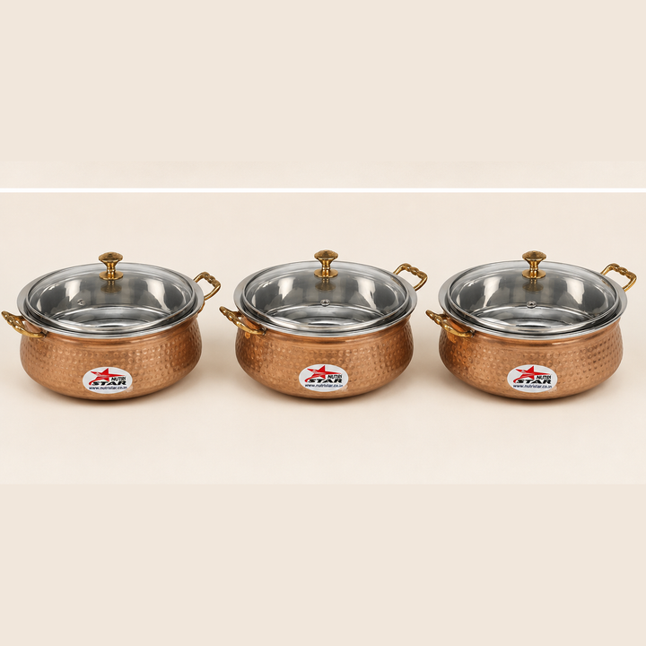 Nutristar copper stainless steel serving handi with glass lid and brass handles