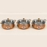Nutristar copper stainless steel serving handi with glass lid and brass handles