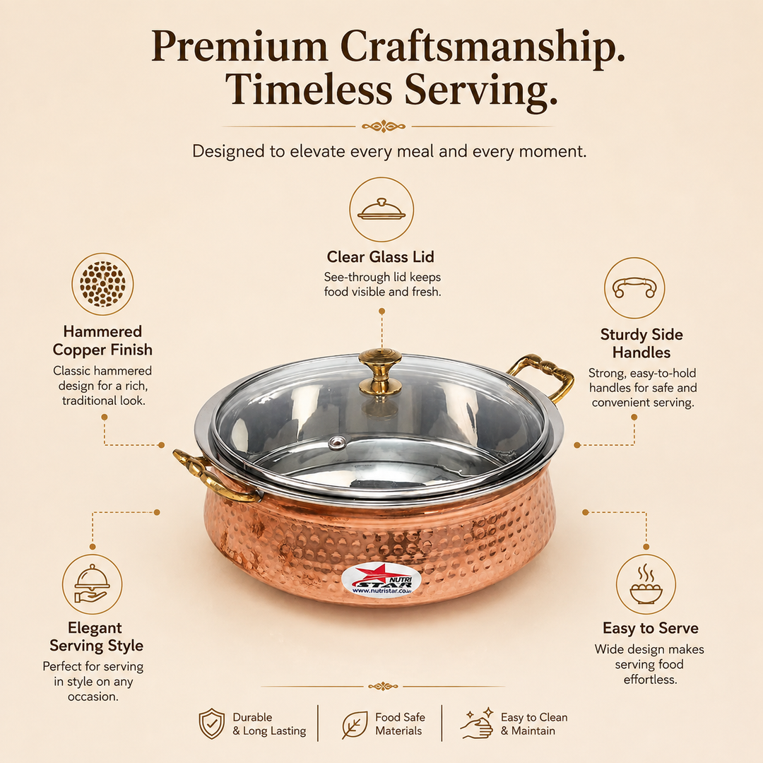 Nutristar copper stainless steel serving handi with glass lid and brass handles