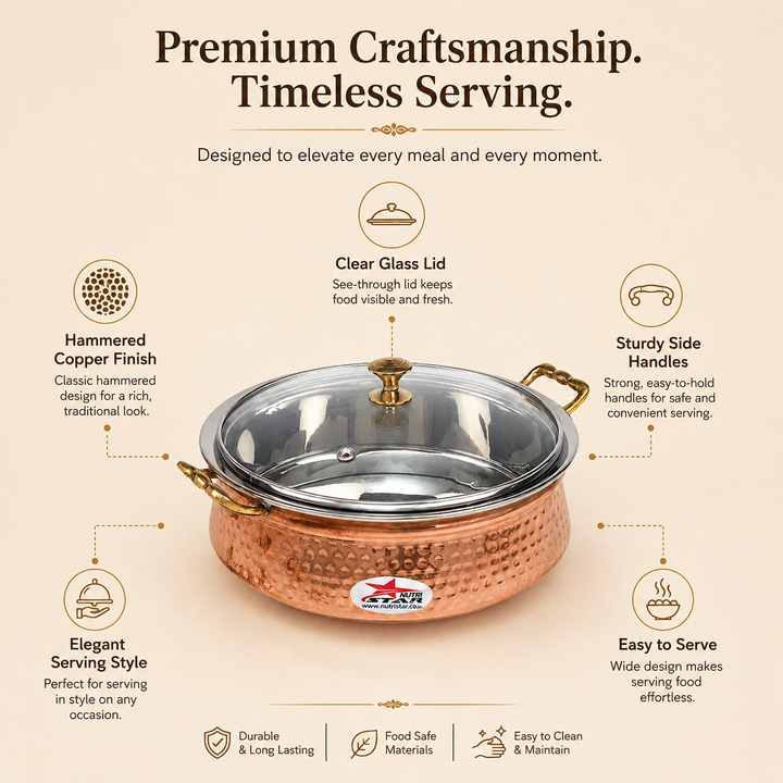 Nutristar copper stainless steel serving handi with glass lid and brass handles