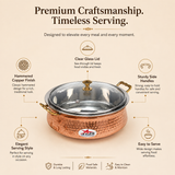 Nutristar copper stainless steel serving handi with glass lid and brass handles