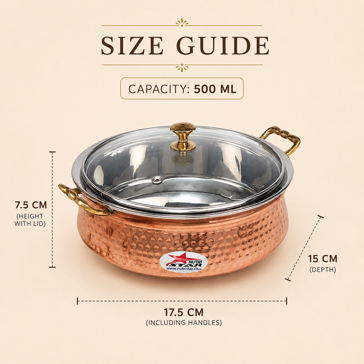 Nutristar copper stainless steel serving handi with glass lid and brass handles