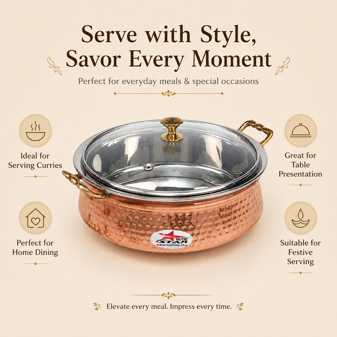 Nutristar copper stainless steel serving handi with glass lid and brass handles