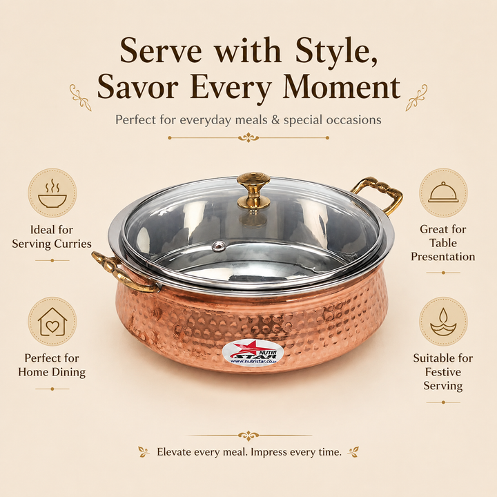 Nutristar copper stainless steel serving handi with glass lid and brass handles
