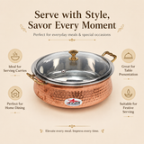 Nutristar copper stainless steel serving handi with glass lid and brass handles