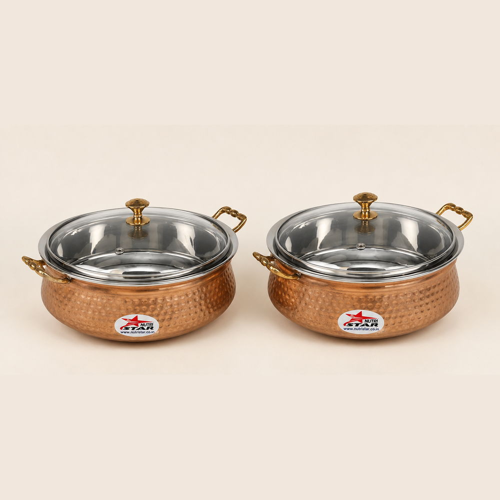 Nutristar copper stainless steel serving handi with glass lid and brass handles
