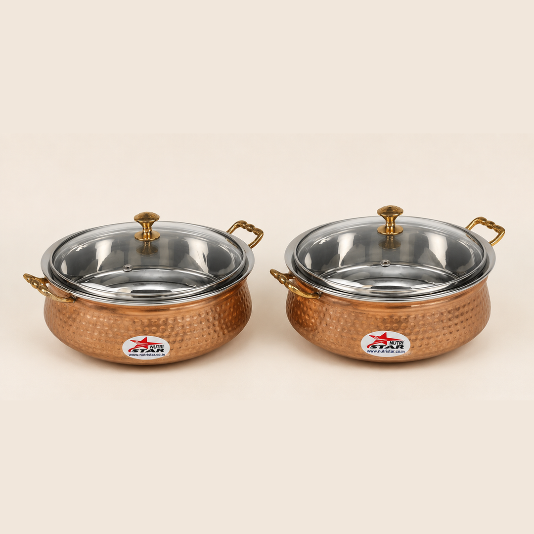 Nutristar copper stainless steel serving handi with glass lid and brass handles