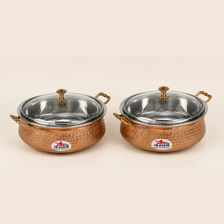 Nutristar copper stainless steel serving handi with glass lid and brass handles