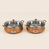 Nutristar copper stainless steel serving handi with glass lid and brass handles