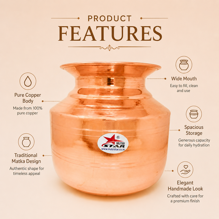 Nutristar pure copper water storage matka with traditional wide mouth