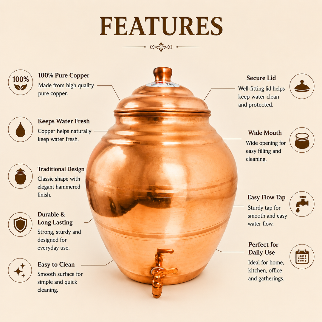 Copper water dispenser matka with fitted lid wide opening and easy-flow tap