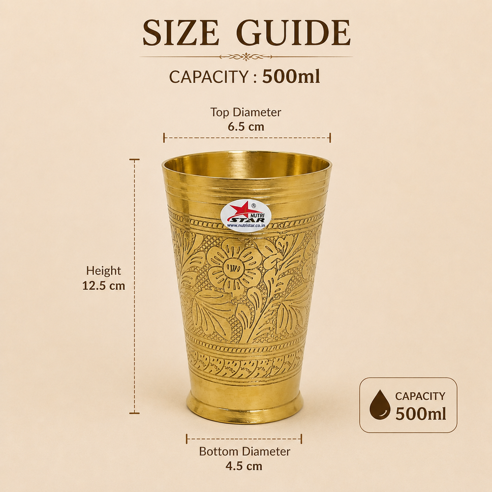 Nutristar engraved brass drinking glass 500 ml with floral design, also available in 750 ml