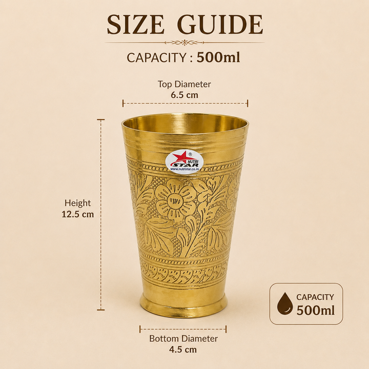 Nutristar engraved brass drinking glass 500 ml with floral design, also available in 750 ml