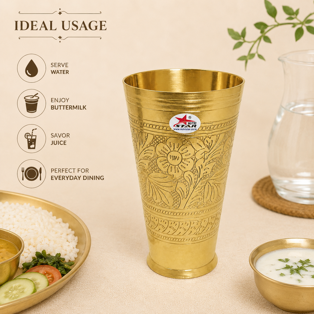 Nutristar engraved brass drinking glass 500 ml with floral design, also available in 750 ml