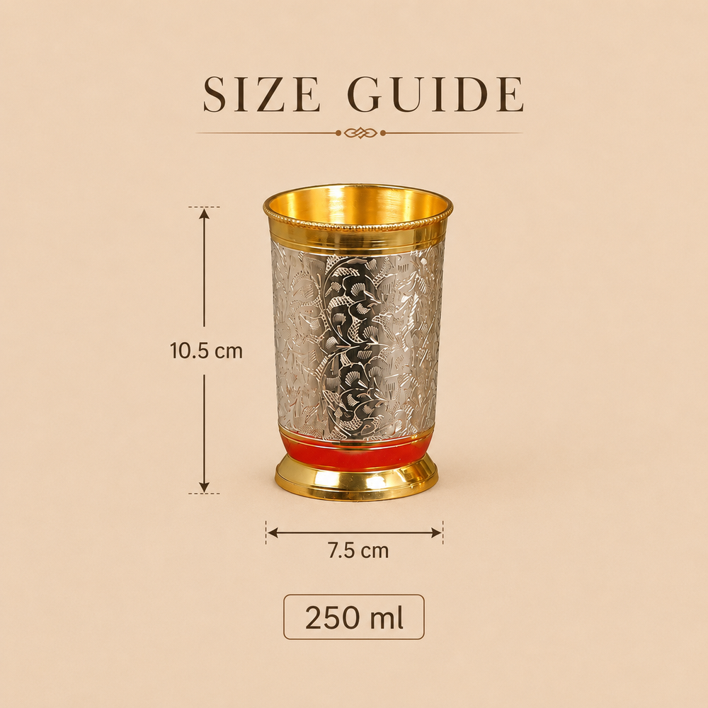 Nutristar decorative drinking glass set of 2 with engraved silver-tone floral design, gold-tone rims and red gift box