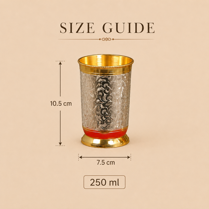 Nutristar decorative drinking glass set of 2 with engraved silver-tone floral design, gold-tone rims and red gift box