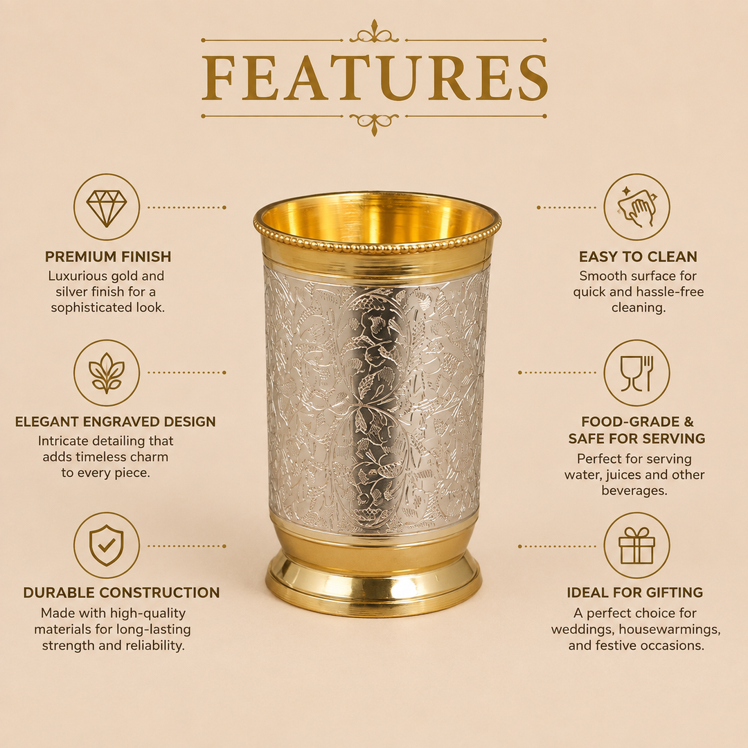 Nutristar decorative drinking glass set of 2 with engraved silver-tone floral design, gold-tone rims and red gift box