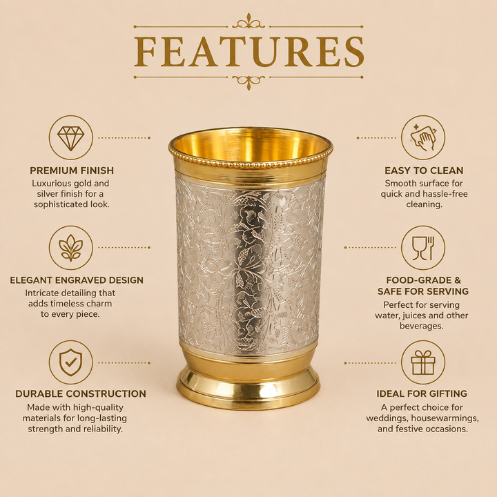 Nutristar decorative drinking glass set of 2 with engraved silver-tone floral design, gold-tone rims and red gift box
