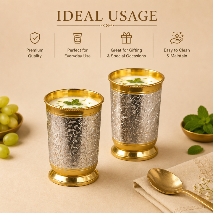 Nutristar decorative drinking glass set of 2 with engraved silver-tone floral design, gold-tone rims and red gift box