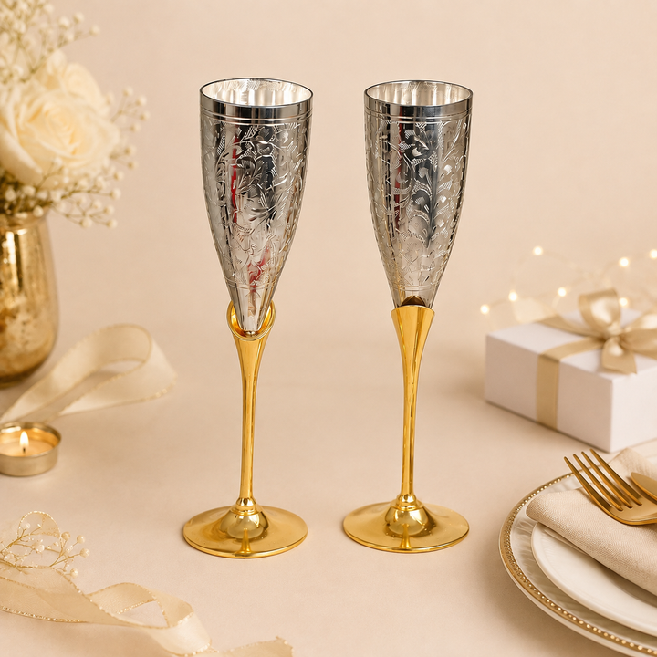 Nutristar decorative goblet glass set of 2 with engraved silver-tone cups, gold-tone stems and red gift box