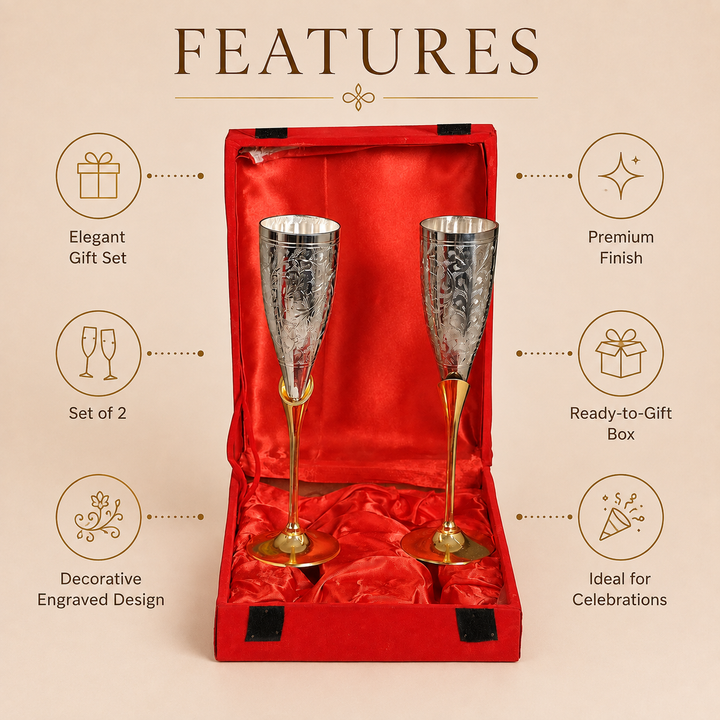 Nutristar decorative goblet glass set of 2 with engraved silver-tone cups, gold-tone stems and red gift box