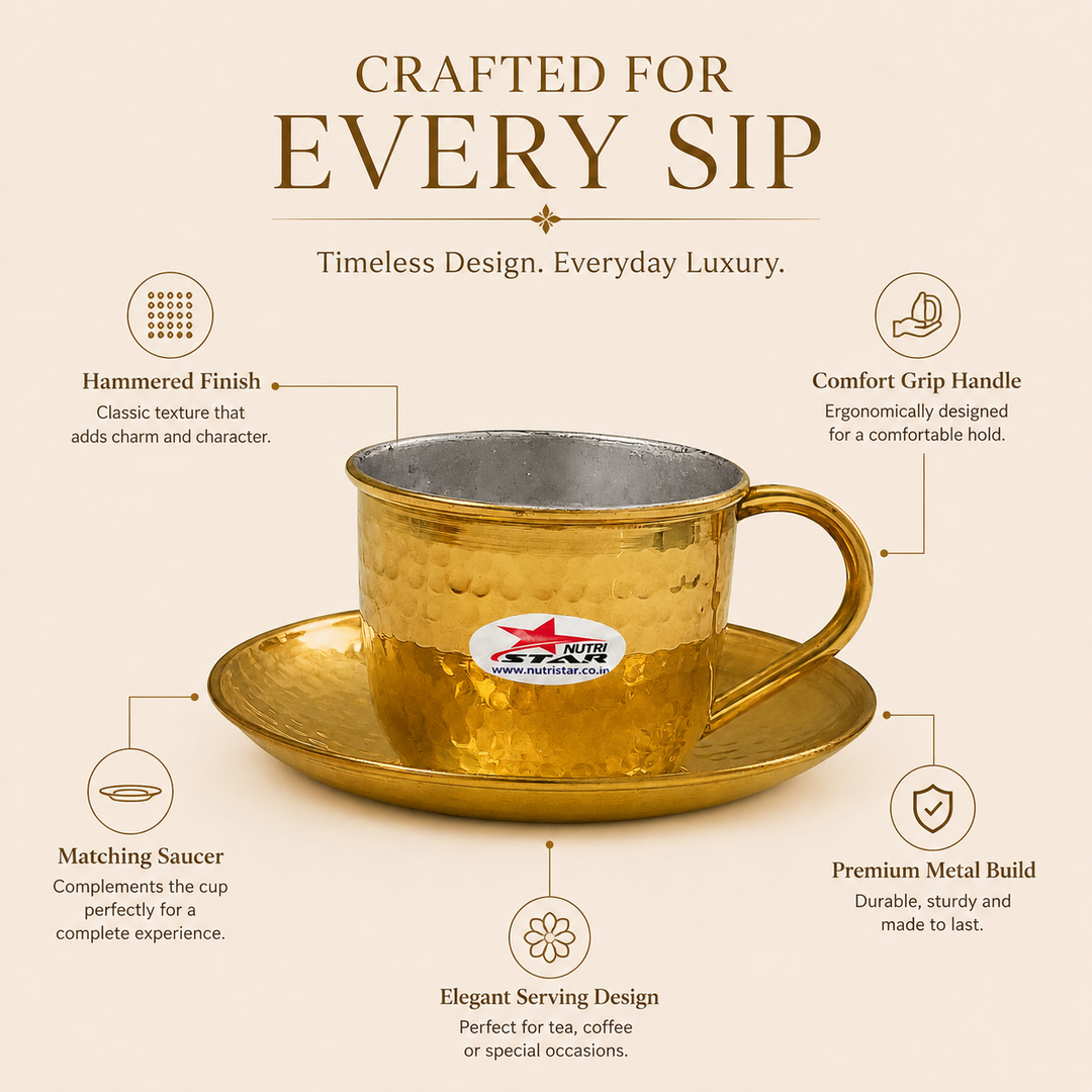 Nutristar brass hammered tea cup with saucer and stainless steel inner