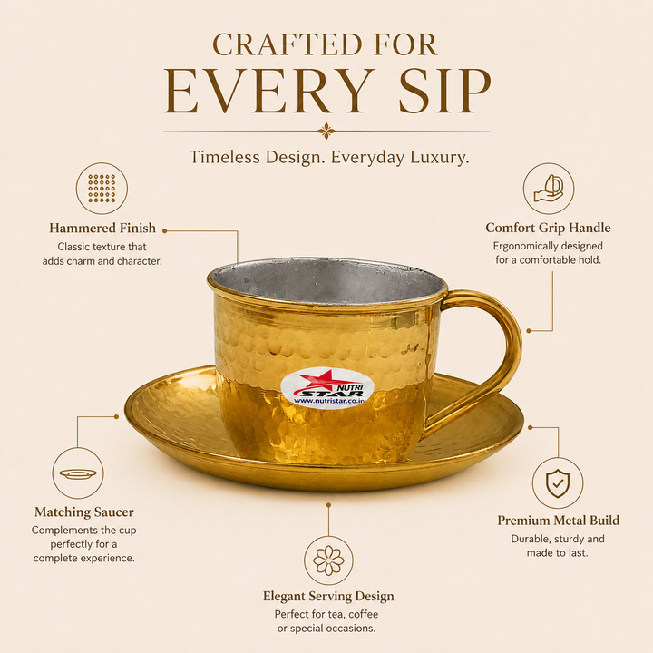 Nutristar brass hammered tea cup with saucer and stainless steel inner