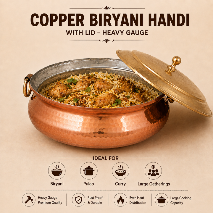 Nutristar Hammered Copper Handi with Brass Lid &amp; Handles – 4L &amp; 10L