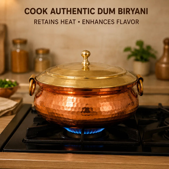 Nutristar Hammered Copper Handi with Brass Lid &amp; Handles – 4L &amp; 10L