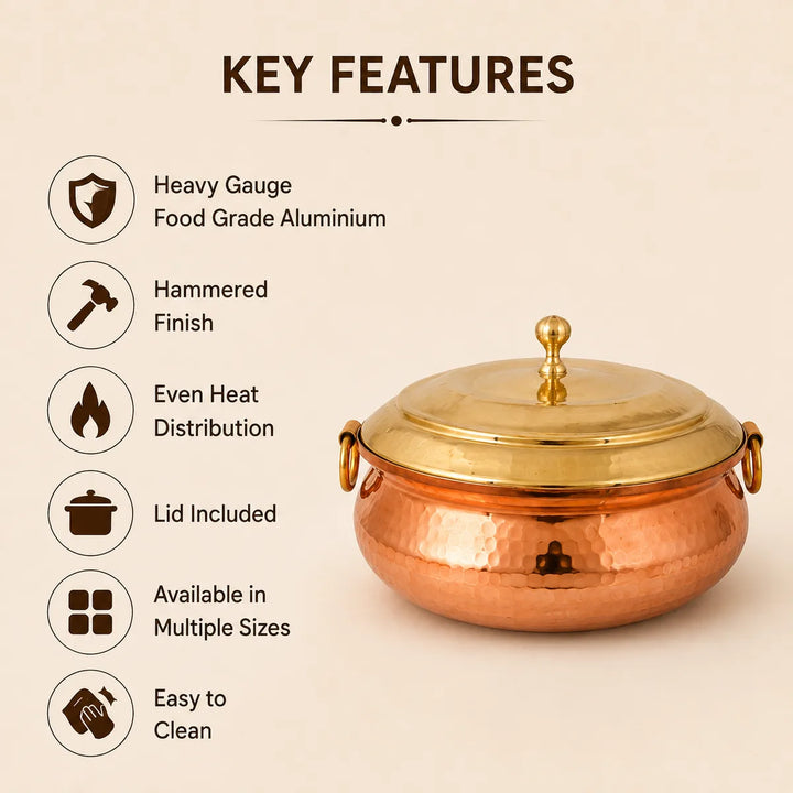 Nutristar Hammered Copper Handi with Brass Lid &amp; Handles – 4L &amp; 10L