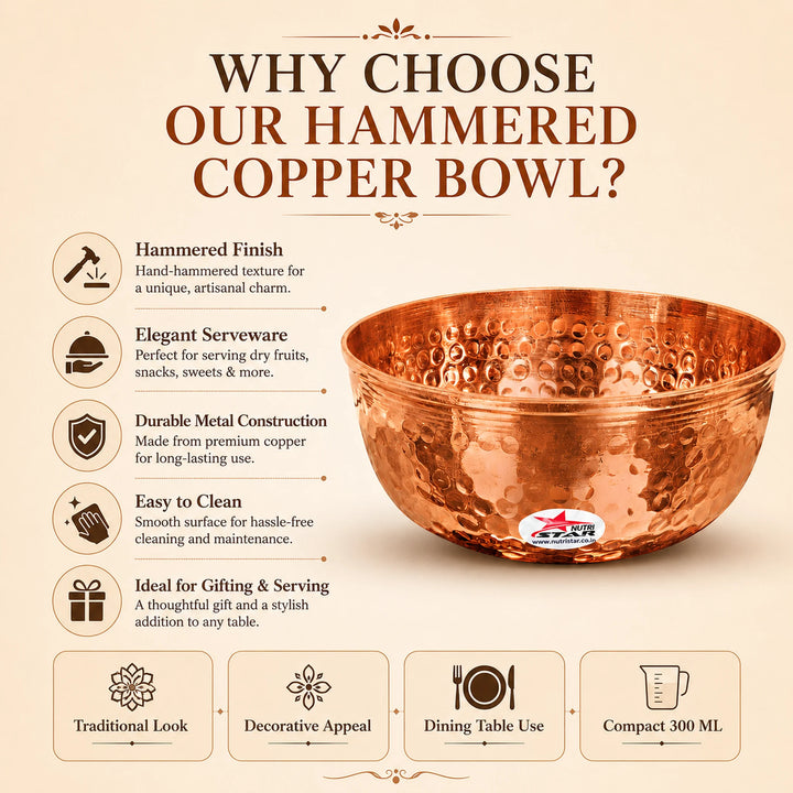 Copper Bowl, Hammered Design Serving Bowl, Capacity 300 ml (Set of 10)