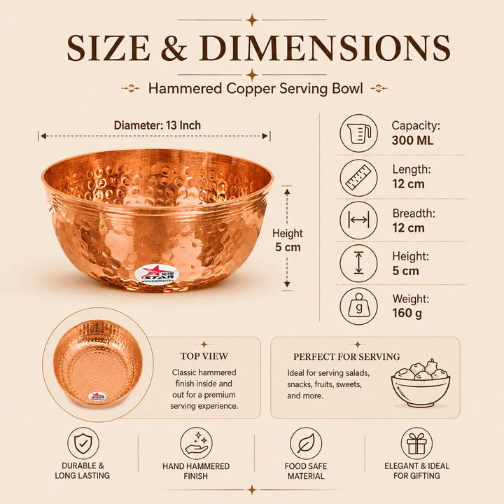 Copper Bowl, Hammered Design Serving Bowl, Capacity 300 ml (Set of 10)