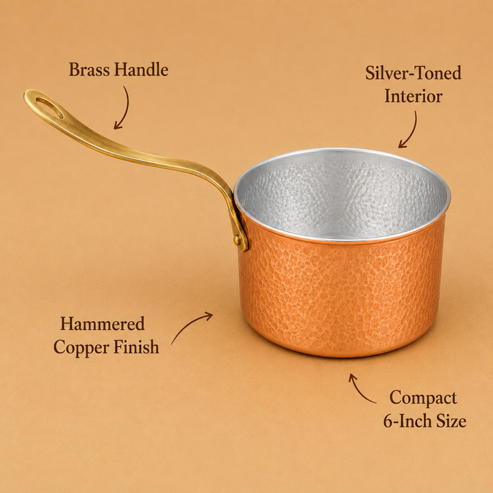 Hammered Copper Saucepan with Brass Handle – 6 Inch