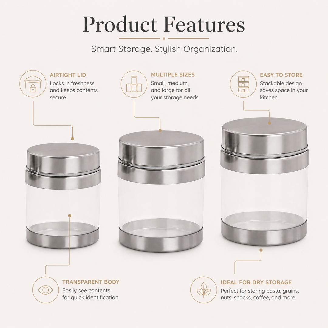 Nutristar transparent kitchen storage container set of 3 with stainless steel lids in assorted sizes