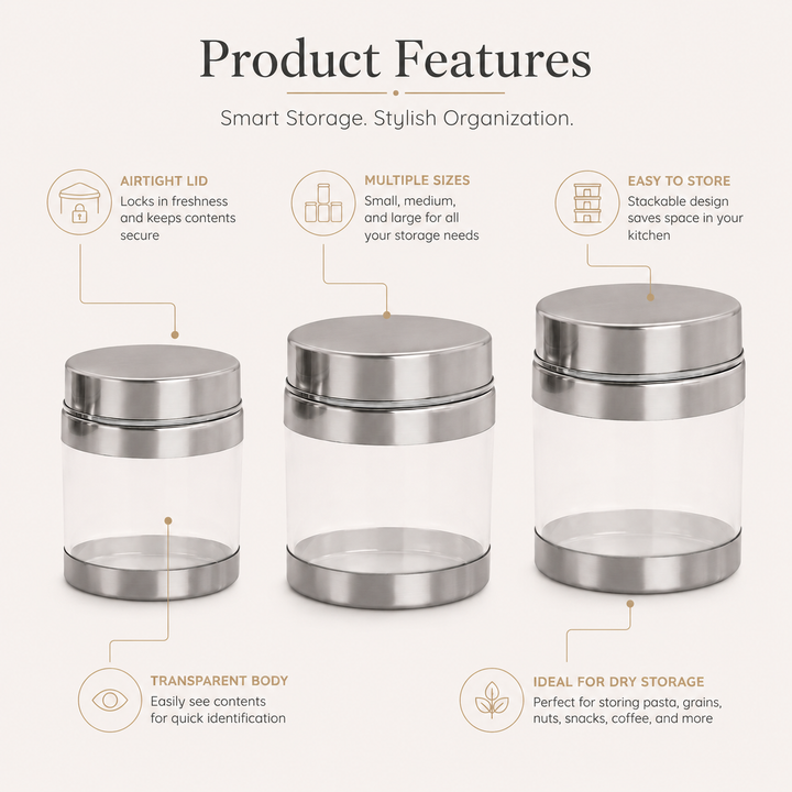 Nutristar transparent kitchen storage container set of 3 with stainless steel lids in assorted sizes