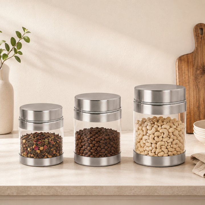 Nutristar transparent kitchen storage container set of 3 with stainless steel lids in assorted sizes