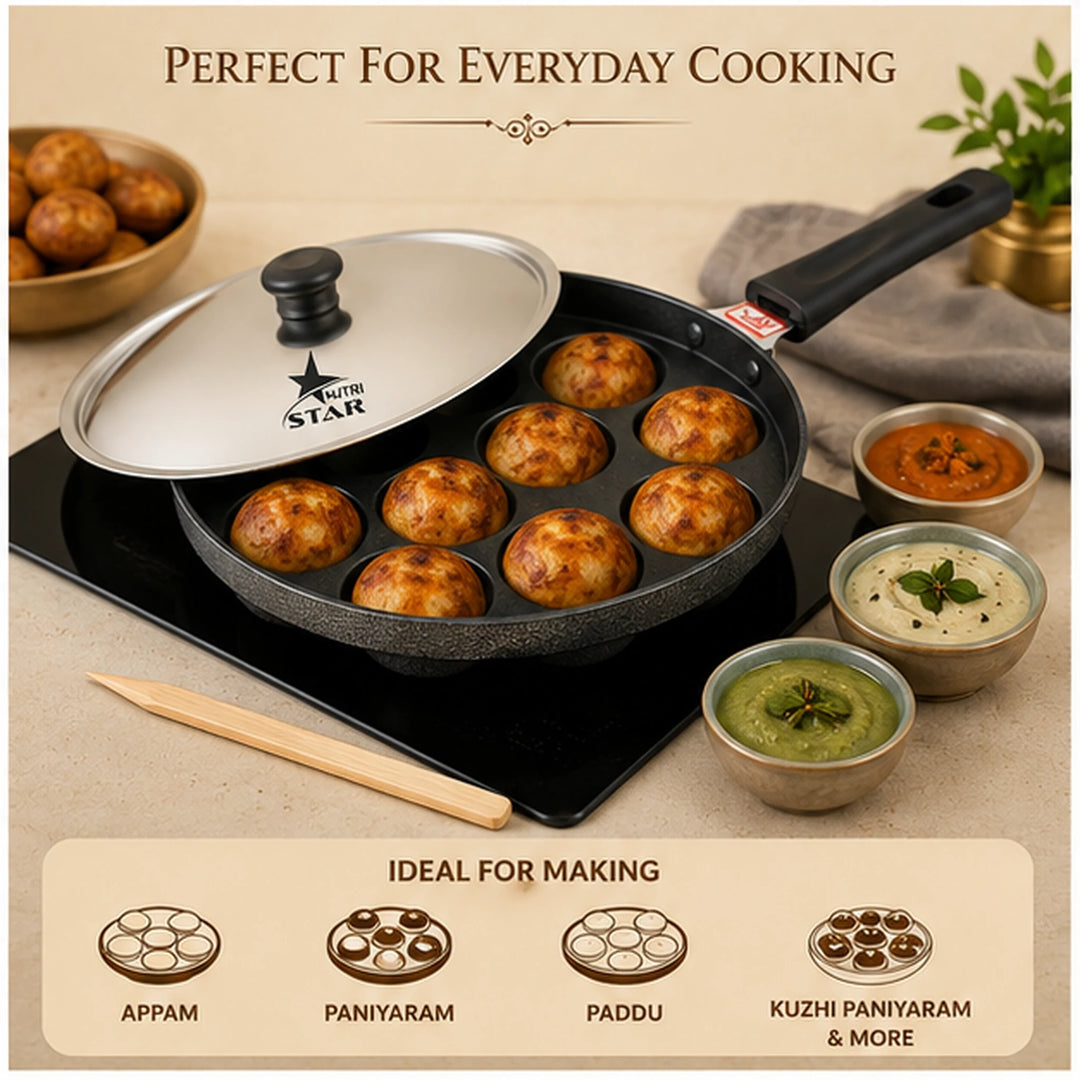 Non Stick Ponganalu Pan with Stainless Steel Lid, 12 Cups Pan. - uses