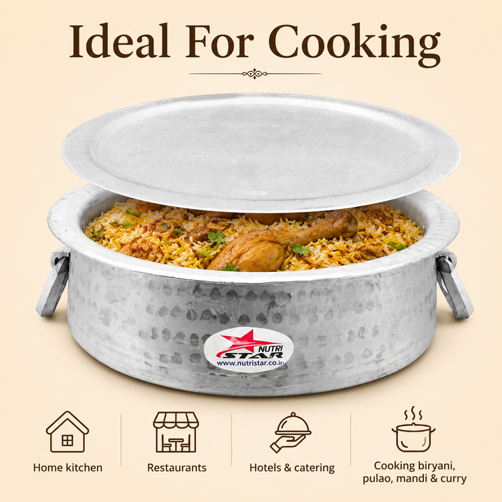 Biryani Handi,Aluminium Biryani Handi Pot with Lid,Thick Gauge Cooking Vessel. - size guide