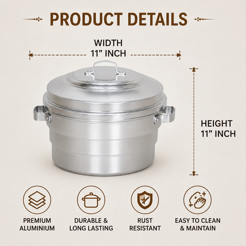 Aluminium idli maker size guide 11 inch height and 11 inch width with 3 plates