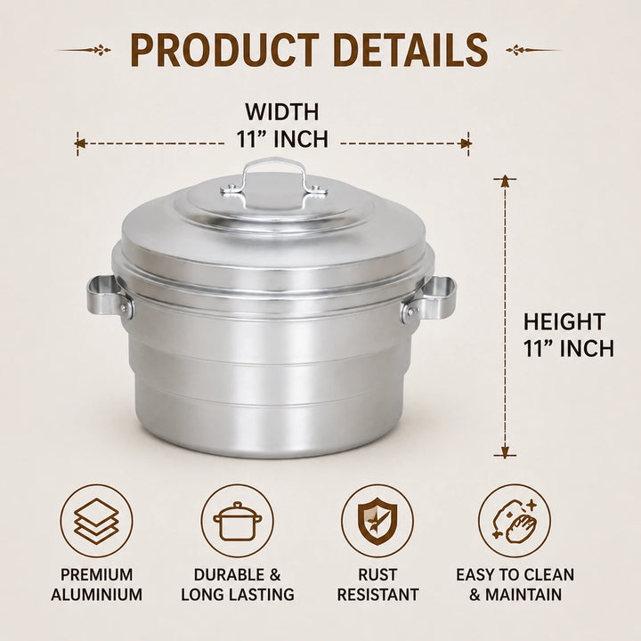 Aluminium idli maker size guide 11 inch height and 11 inch width with 3 plates