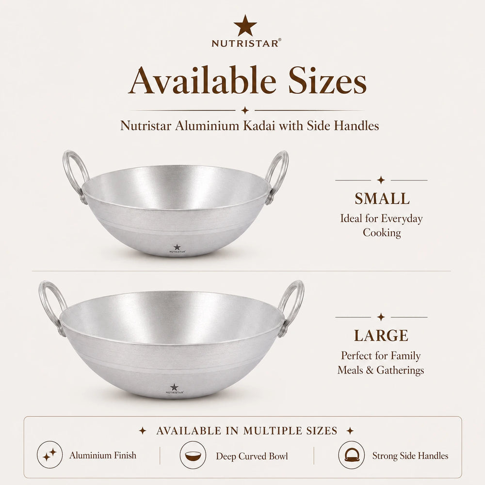 Nutristar aluminium kadai size guide with 1.5 litre 2.5 litre 3 litre and 3.5 litre options
