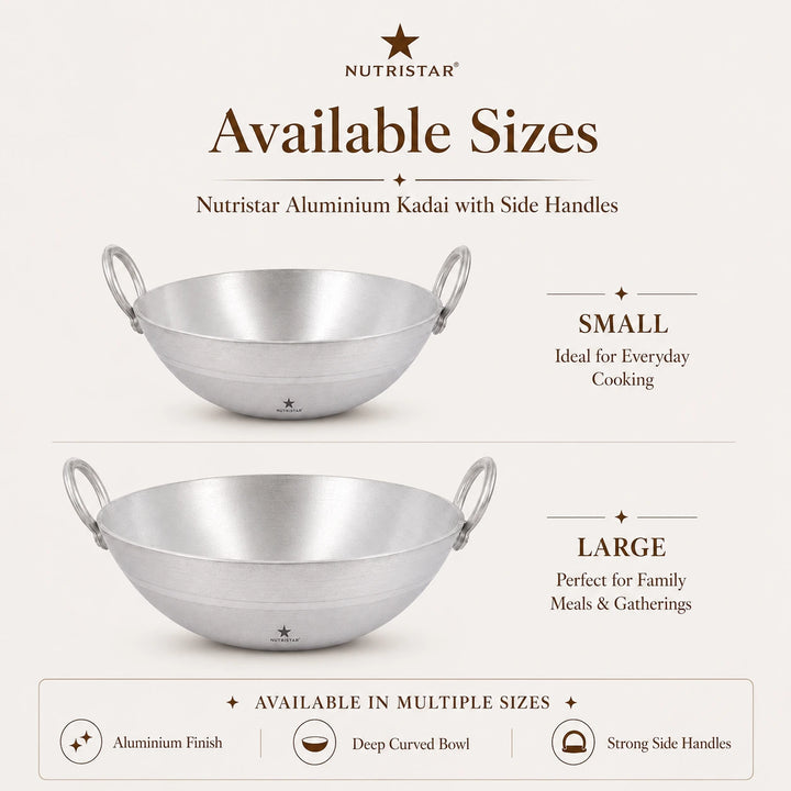Nutristar aluminium kadai size guide with 1.5 litre 2.5 litre 3 litre and 3.5 litre options
